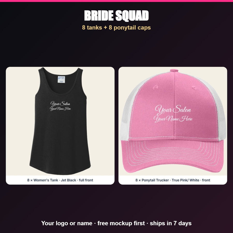 Custom bachelorette tank tops and ponytail caps with names printed - Bride Squad Bundle