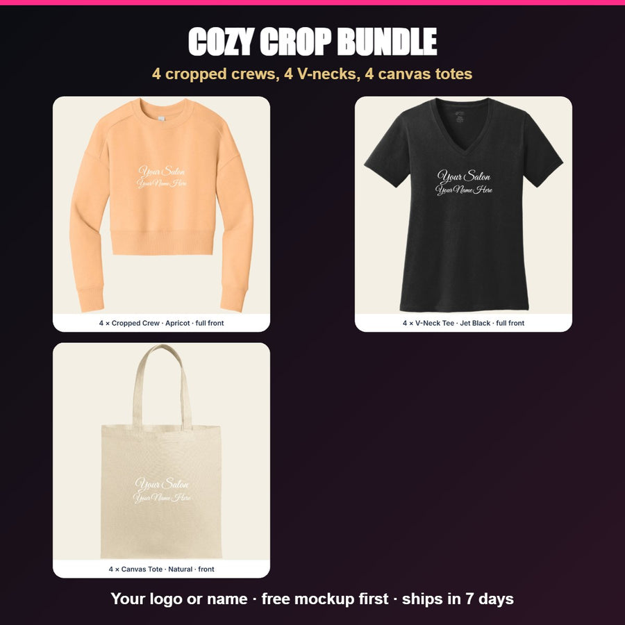 Custom logo cropped crewneck sweatshirts, V-neck tees and canvas totes - Cozy Crop Bundle
