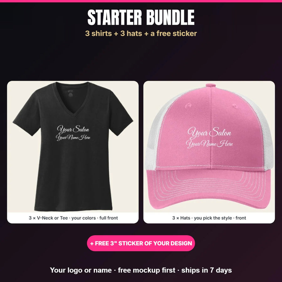 Custom logo shirts and hats with a free sticker - Starter Bundle, 3 shirts, 3 hats and a 3 inch sticker