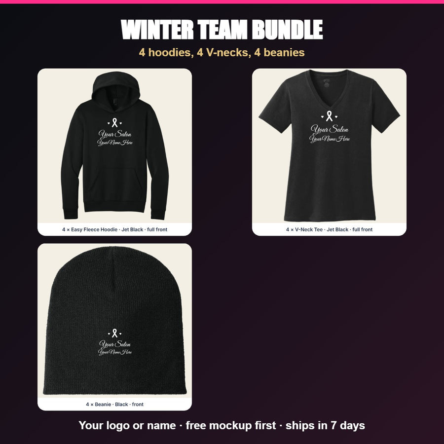 Custom logo hoodies, V-neck tees and beanies for a team - Winter Team Bundle