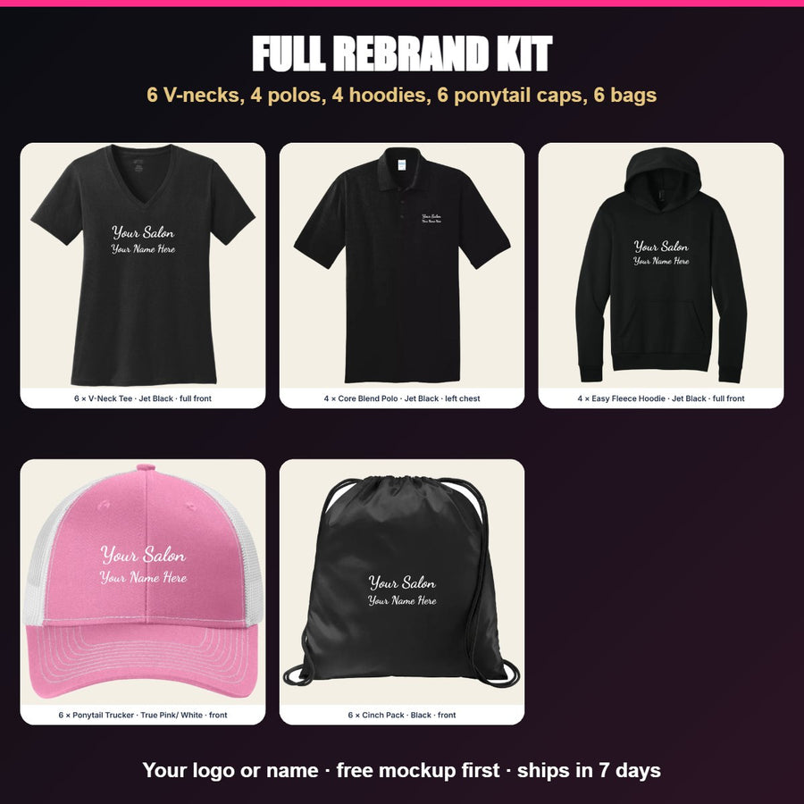 Custom logo tees, polos, hoodies, hats and cinch bags - Full Rebrand Kit