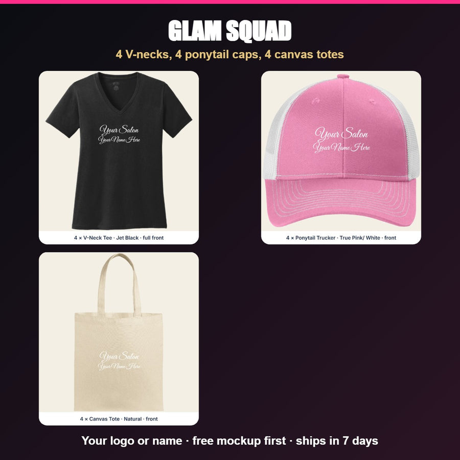 Custom lash, nail and brow studio merch: logo V-neck tees, ponytail caps and canvas totes - Glam Squad Bundle