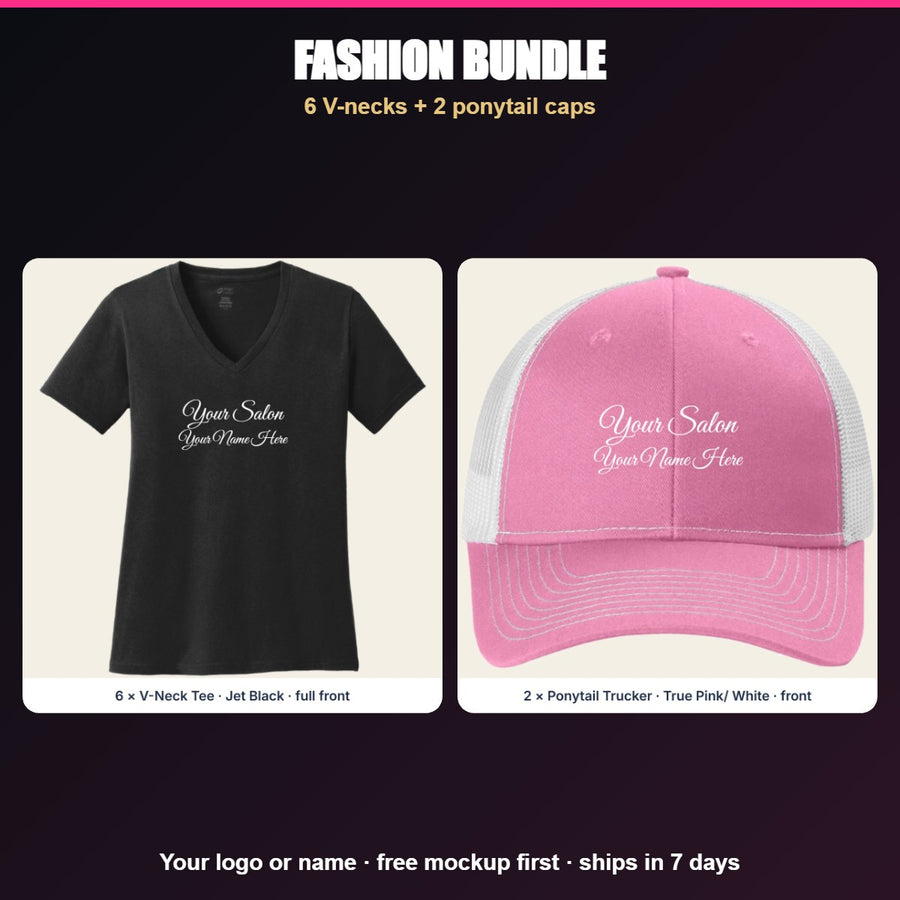 Custom logo V-neck shirts and ponytail caps printed in full color with a small business logo - Fashion Bundle