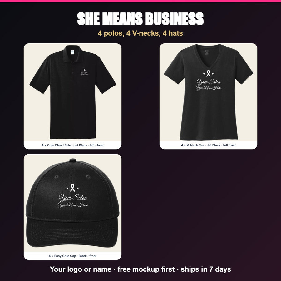 Custom logo polos, V-neck tees and hats for a small business team - She Means Business Bundle