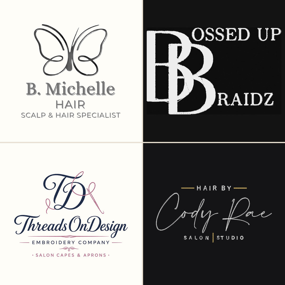 Four salon logos we have digitised and stitched, shown as artwork and as finished embroidery